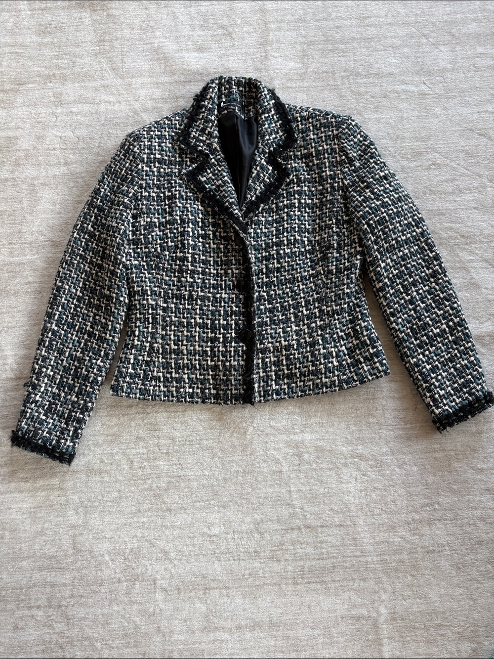 Larry Levine Suit Tweed‎ Blue Cream Black Trim Blazer Size 8